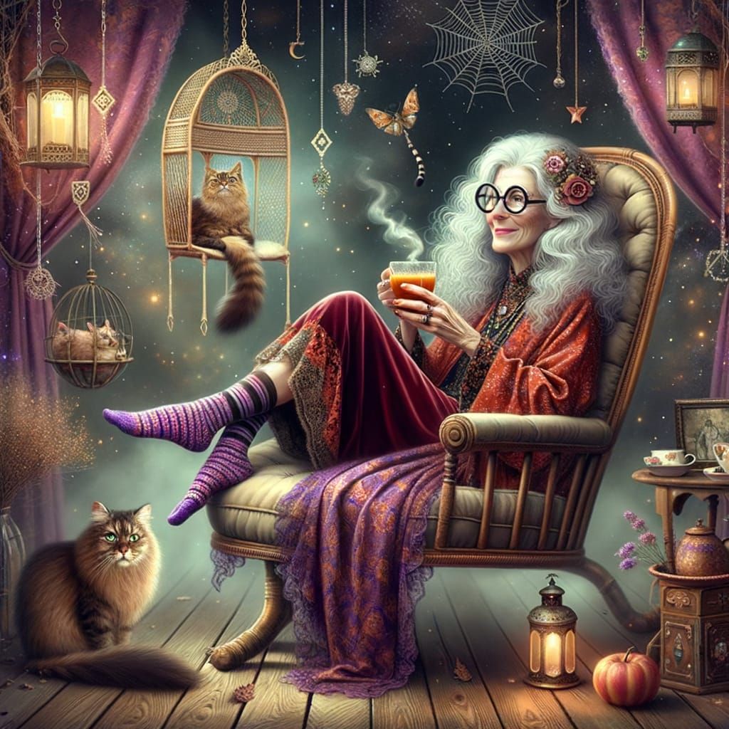 Whimsical Bohemian Woman with Silver Hair and Velvet Robe in...