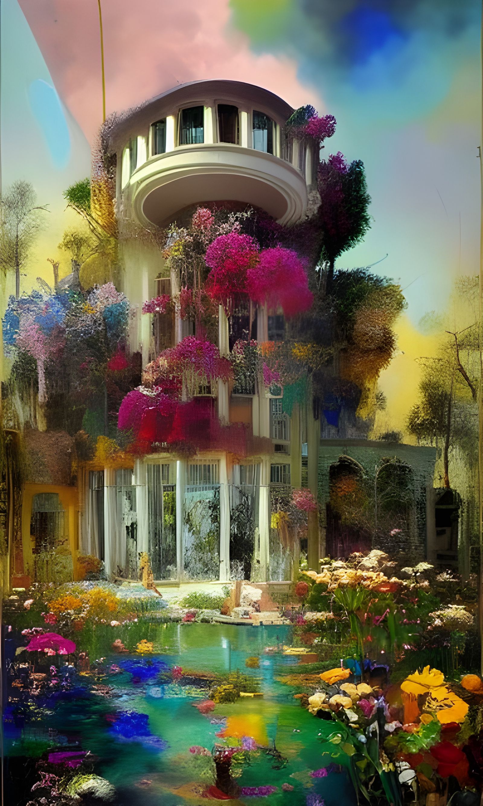 Glass Mansion Surrounded by Colorful Flowers