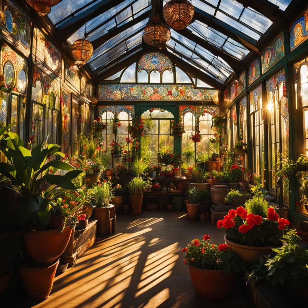 Ornate Greenhouse Interior in Vintage Illustrative Style
