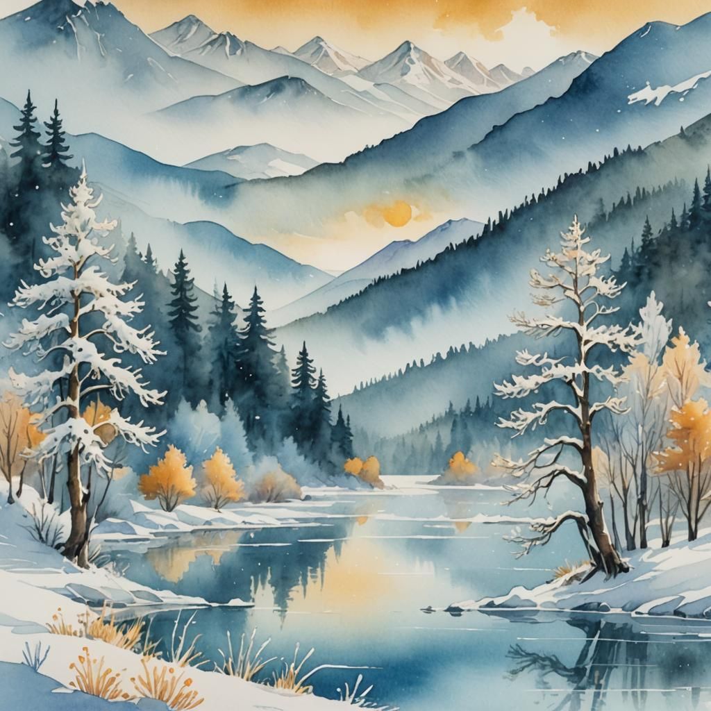 Snowy Lake Landscape in Whimsical Watercolor Style