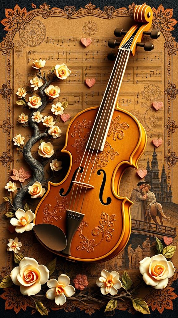 Romantic 3D Pop-Up Card with Violin and Floral Motif