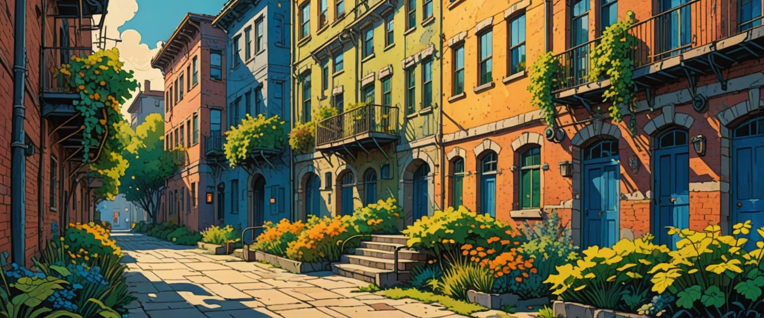 Warehouse District in Comic Book Style With Gouache