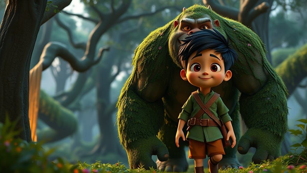 Gentle Giant and Adventurous Boy in Magical Forest