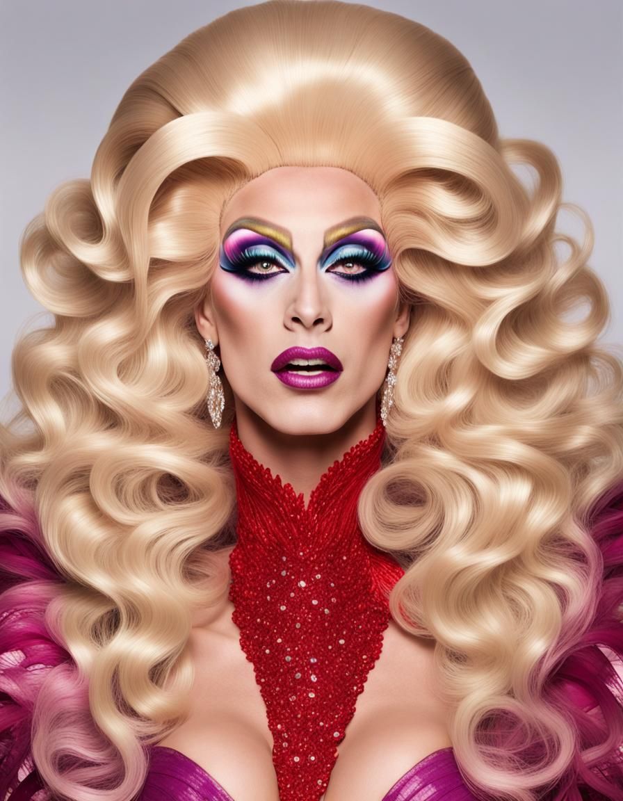 Drag Queen Transformation with Flowing Gown and Blonde Wig