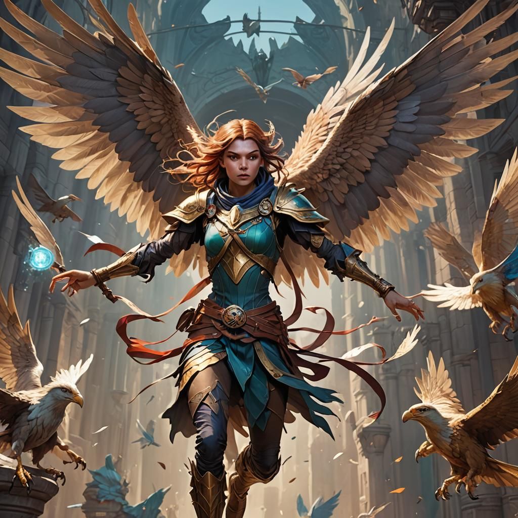 Detailed Harpy Portrait in Flight, Art Nouveau Style