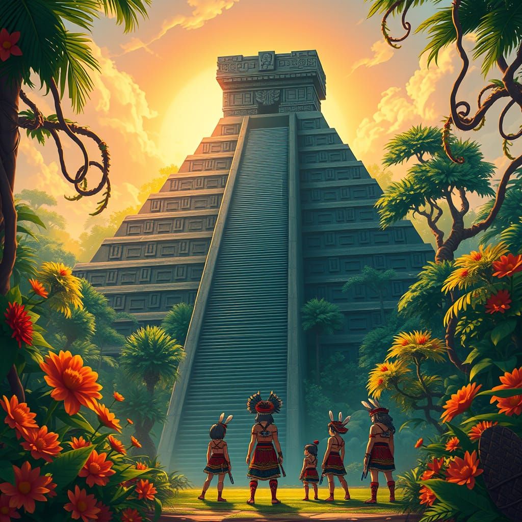 Ancient Aztec Pyramid Unfolds in Vibrant Anime Landscape