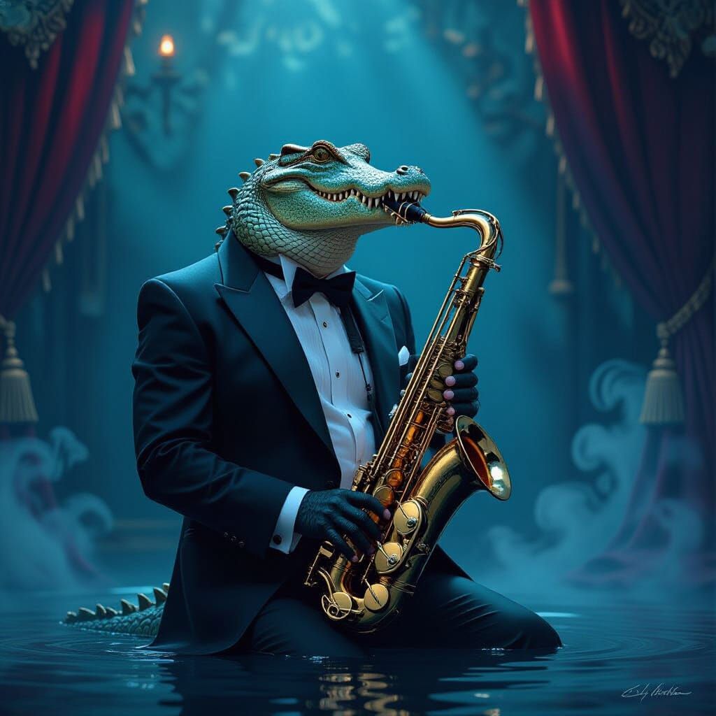 Crocodile Saxophonist on Mystical Stage, Hyperdetailed