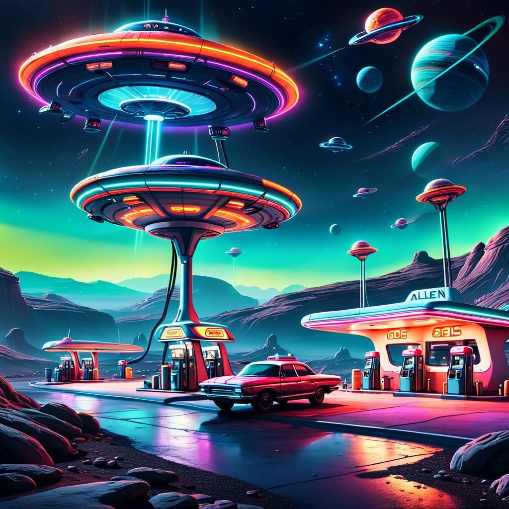 UFOs Refuel at Alien Gas Station in Sci-Fi Art