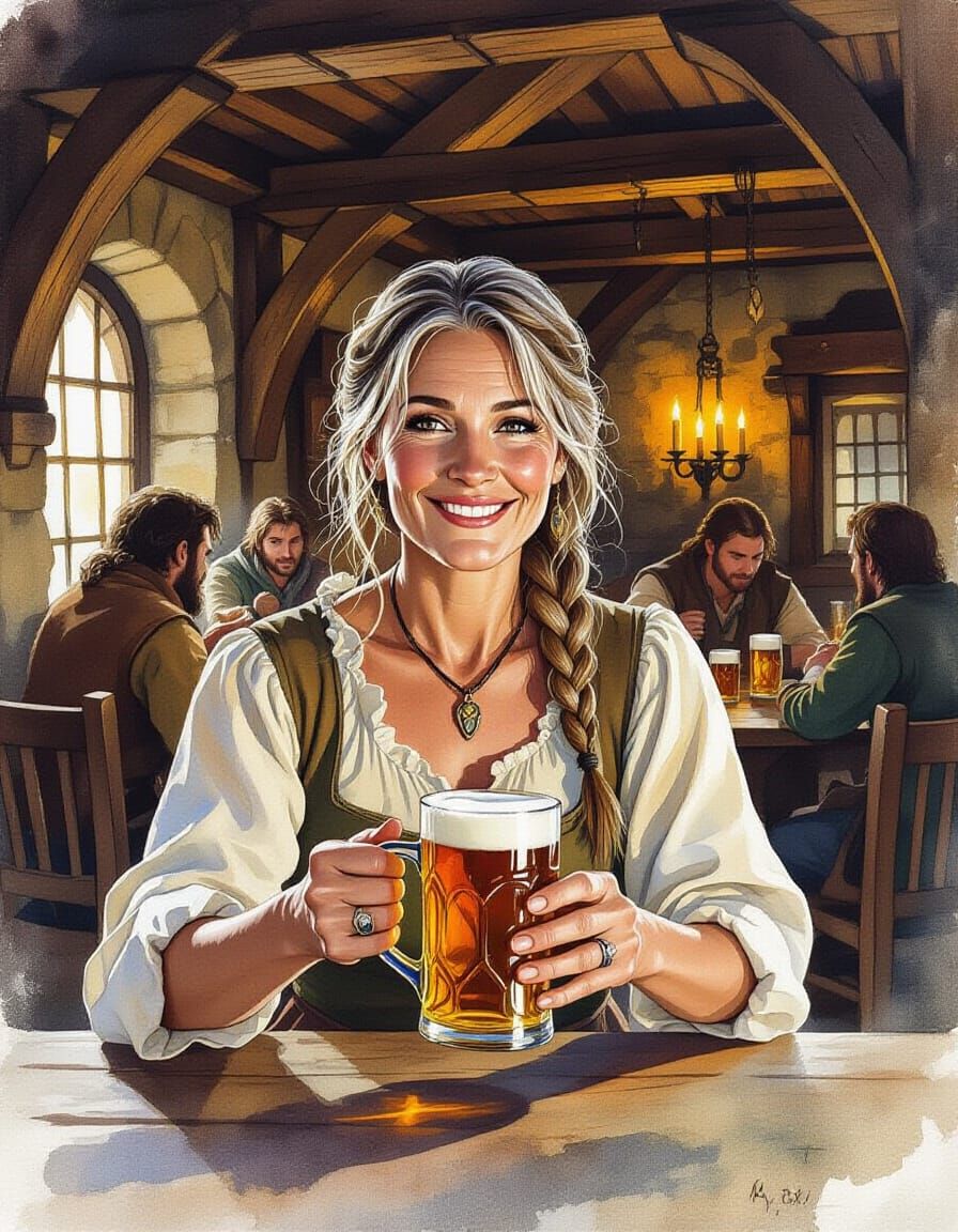 Cozy Tavern Scene in Photorealistic Watercolor Style