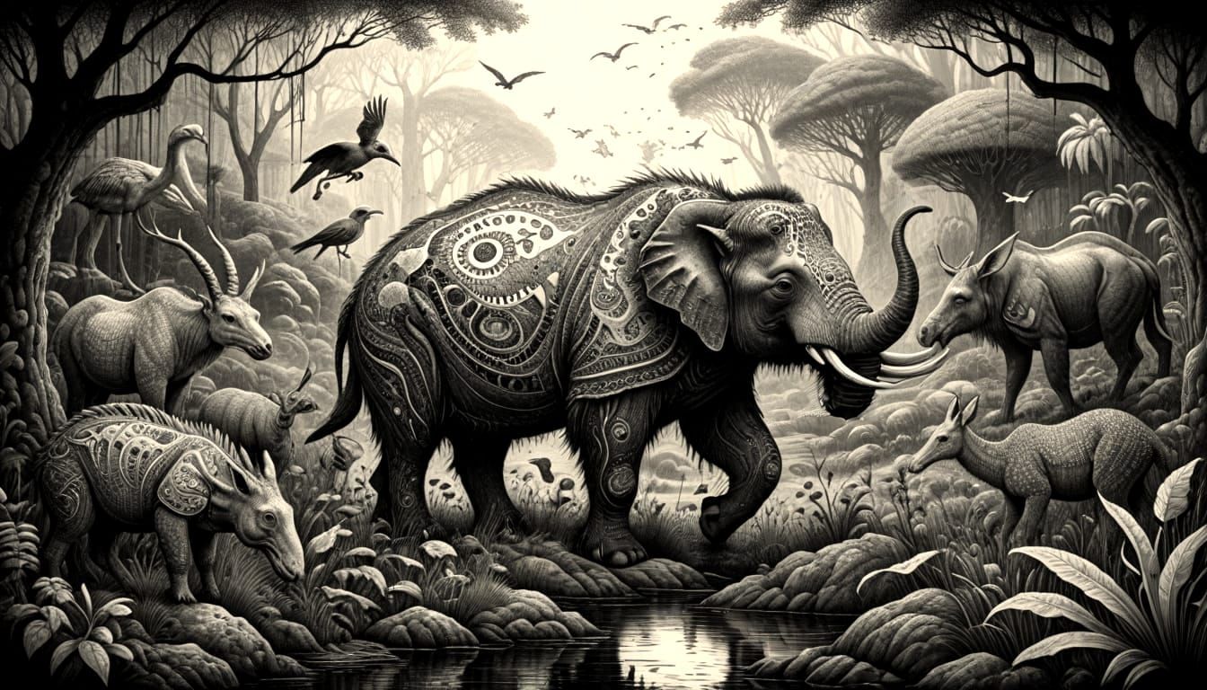 Monochrome Pen and Ink Drawing of Strange Animals