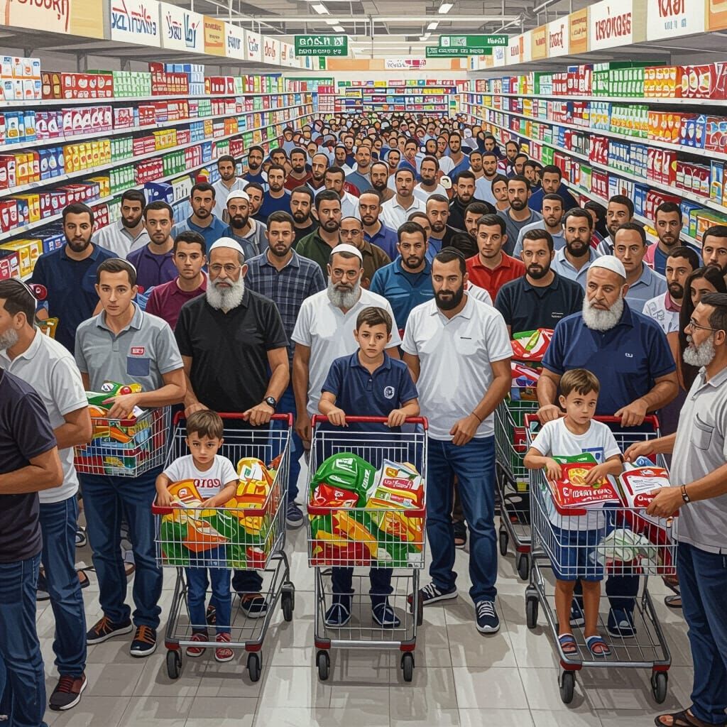 Realistic Digital Painting of a Crowded Supermarket Queue