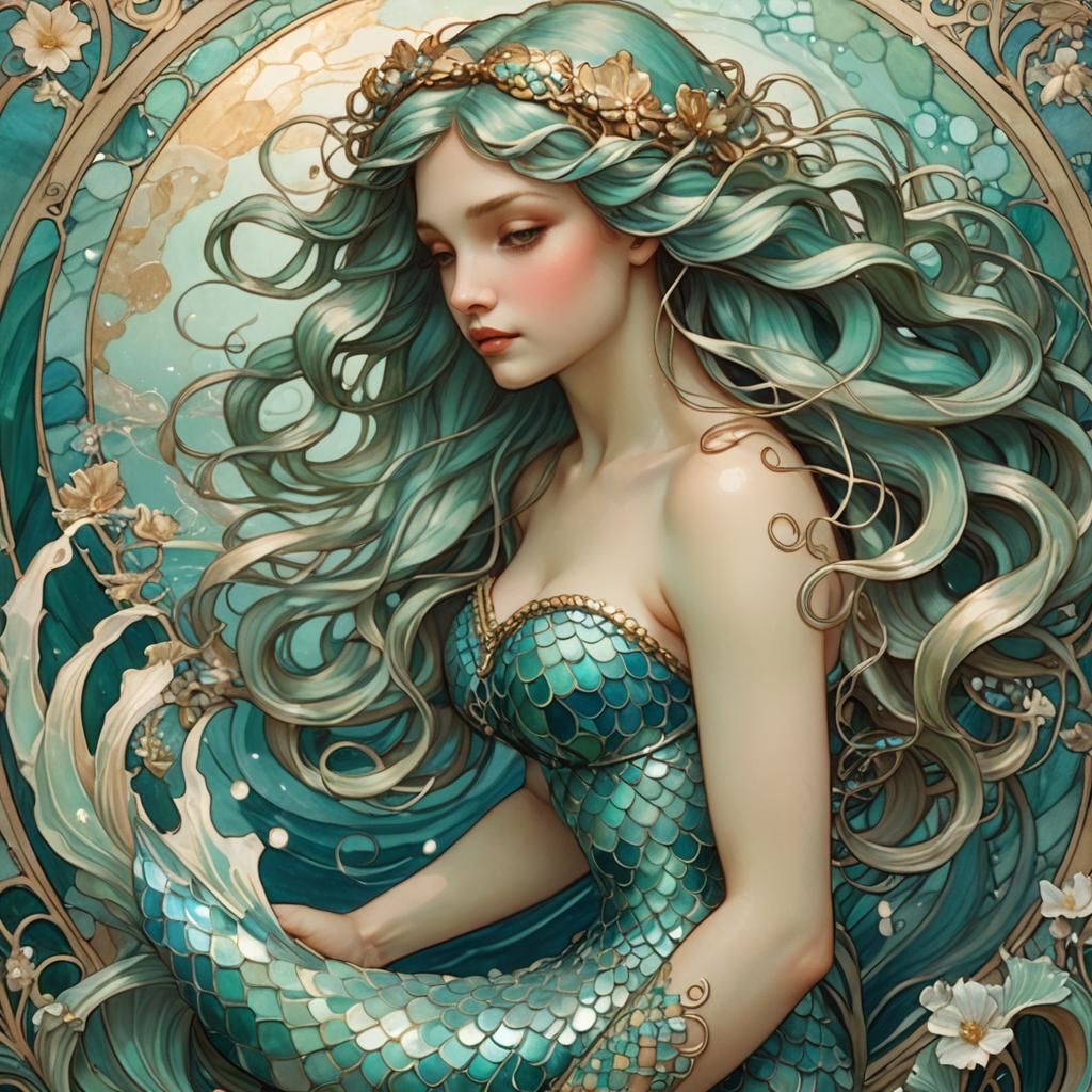 Ethereal Art Nouveau Mermaid Portrait