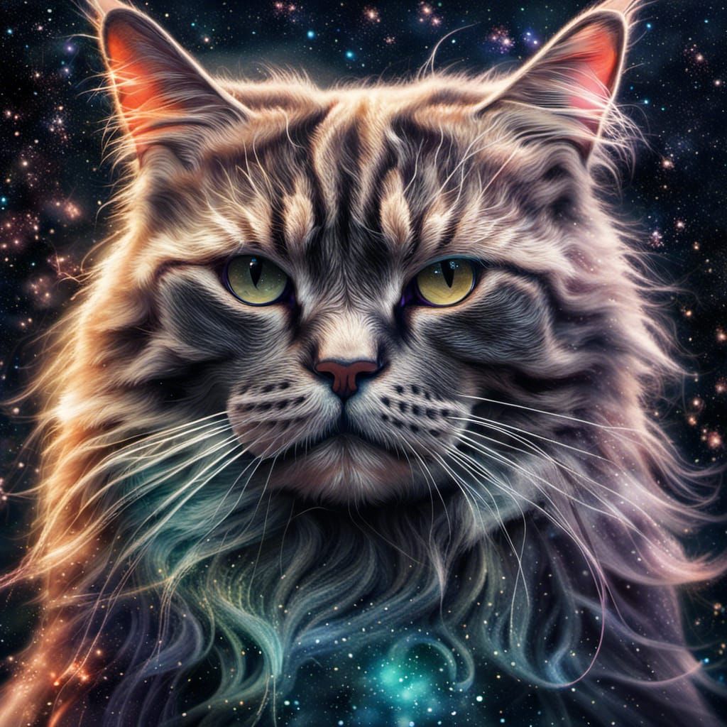 Hyperrealistic Galaxy Cat Watercolor Painting in HDR