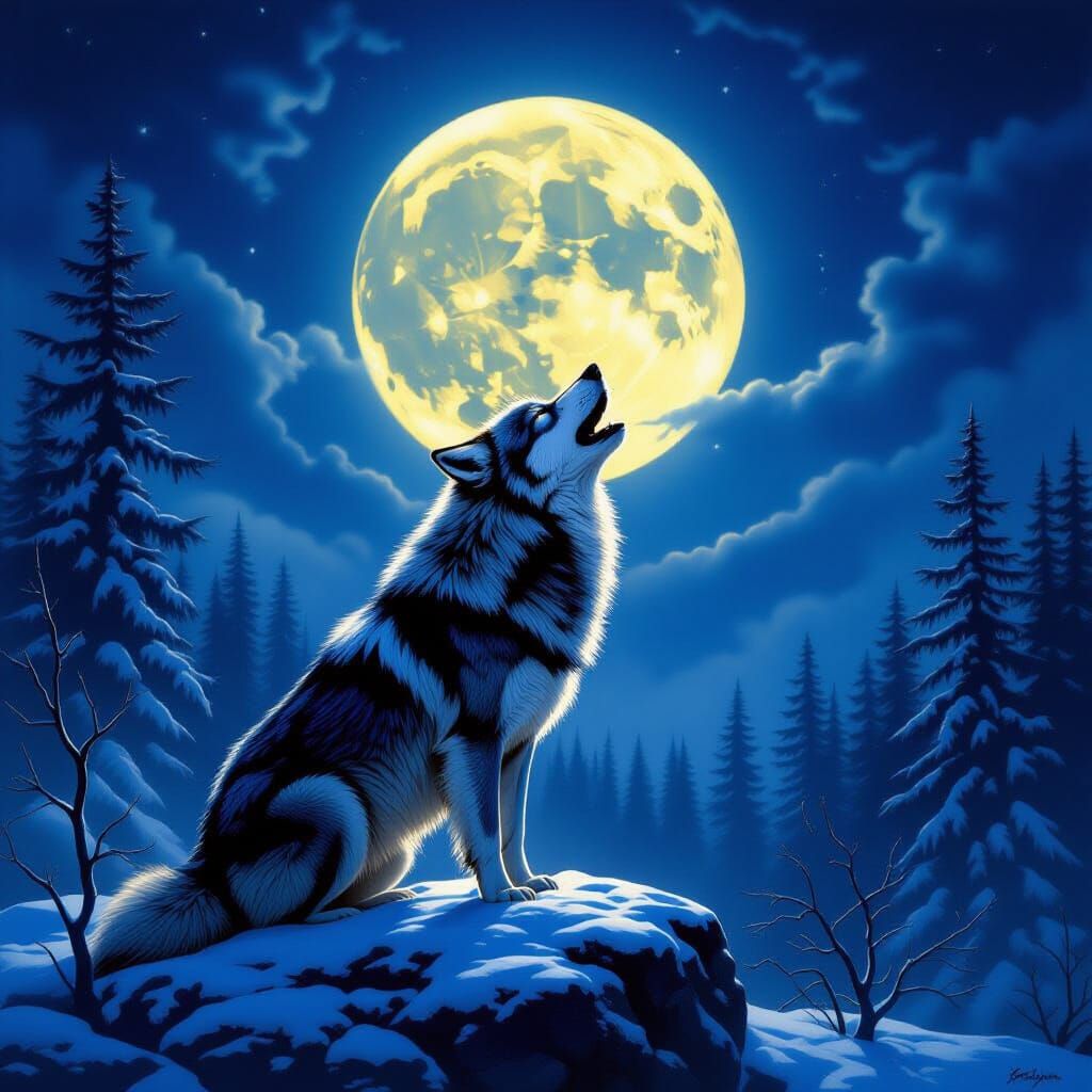 Majestic Wolf Howling at Full Moon in Snowy Forest
