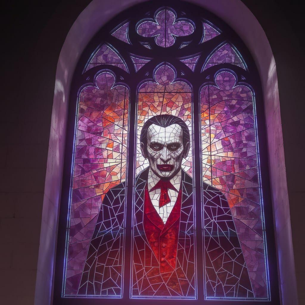 Glass Dracula in a Haunting Church Mosaic