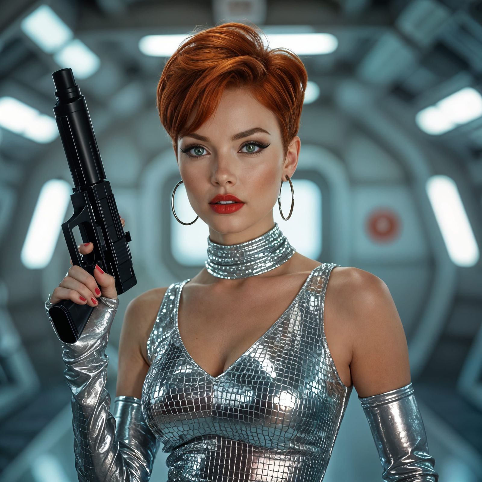 Retro Sci-Fi Woman in Chrome Dress Holding Space Weapon