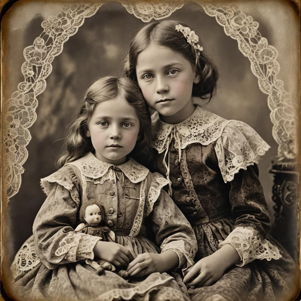 Victorian Child with Rag Doll in Sepia Photograph