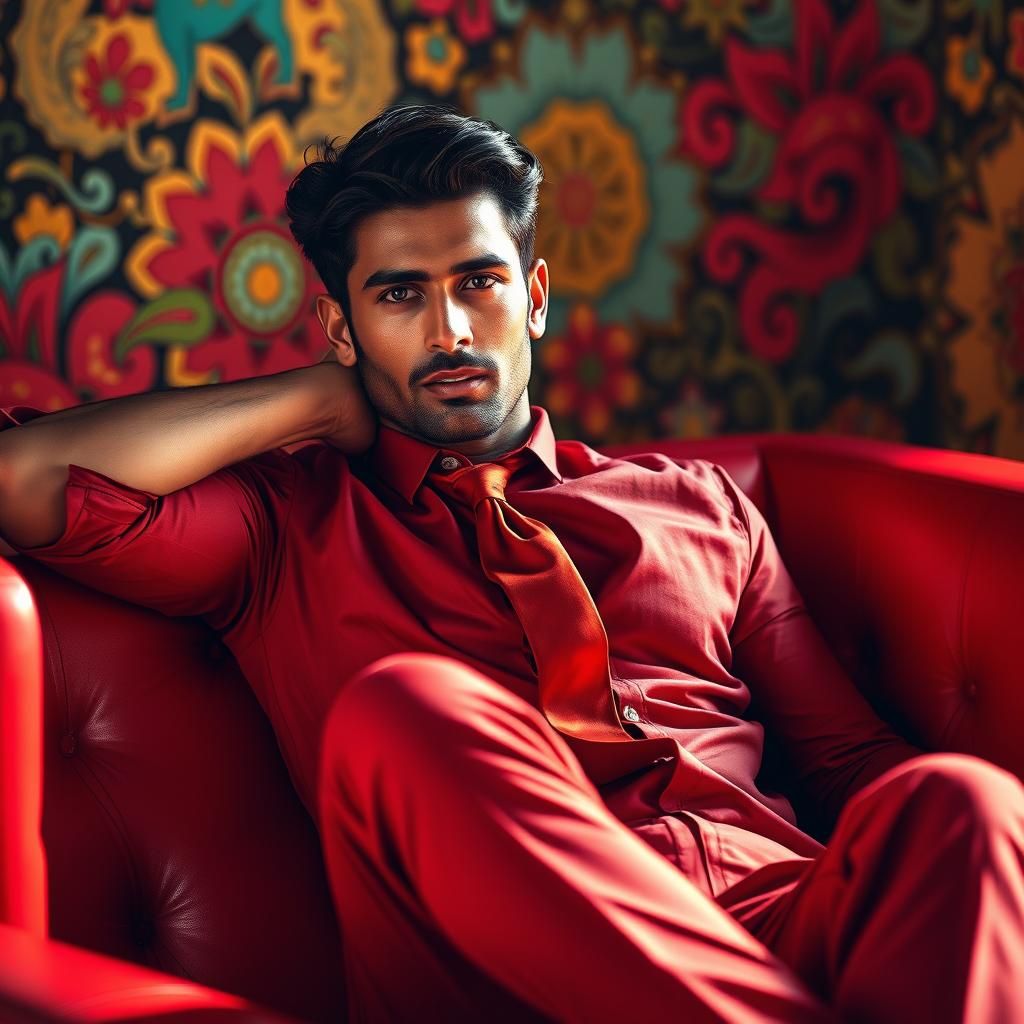 Captivating Indian Man Posing on Red Sofa