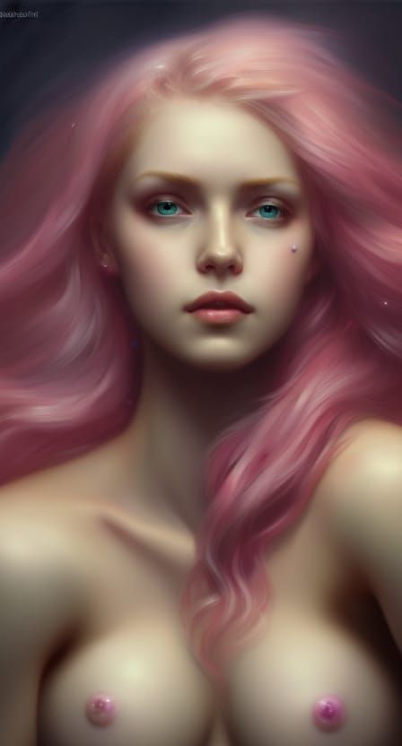 Fantasy Pink Mermaid in Art Nouveau Style