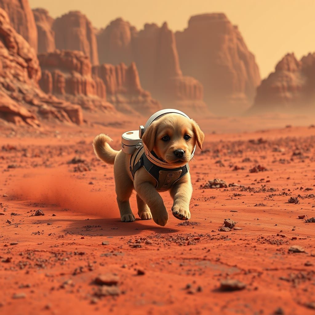 Golden Retriever Puppy Exploring Mars in Detailed Fantasy Co...