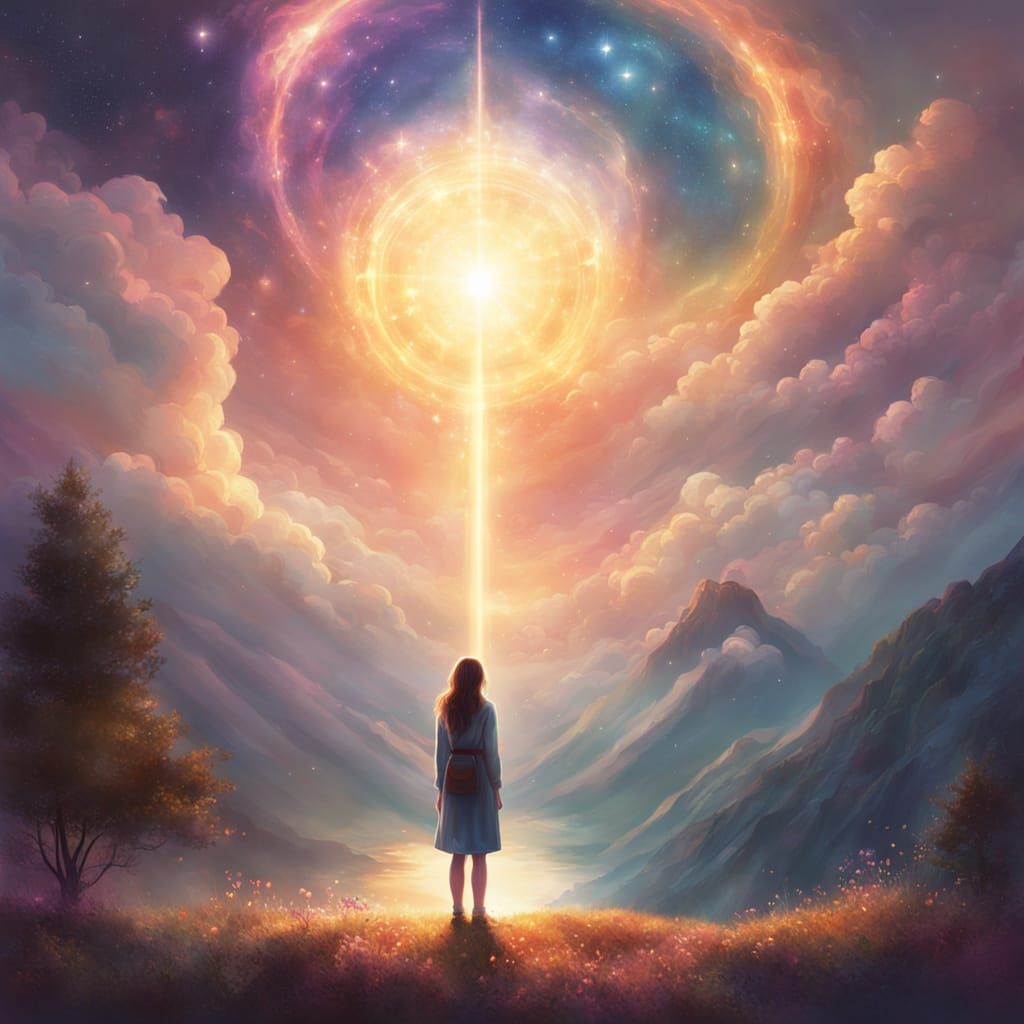 Woman Awed by Celestial Phenomenon in Ethereal Illustration