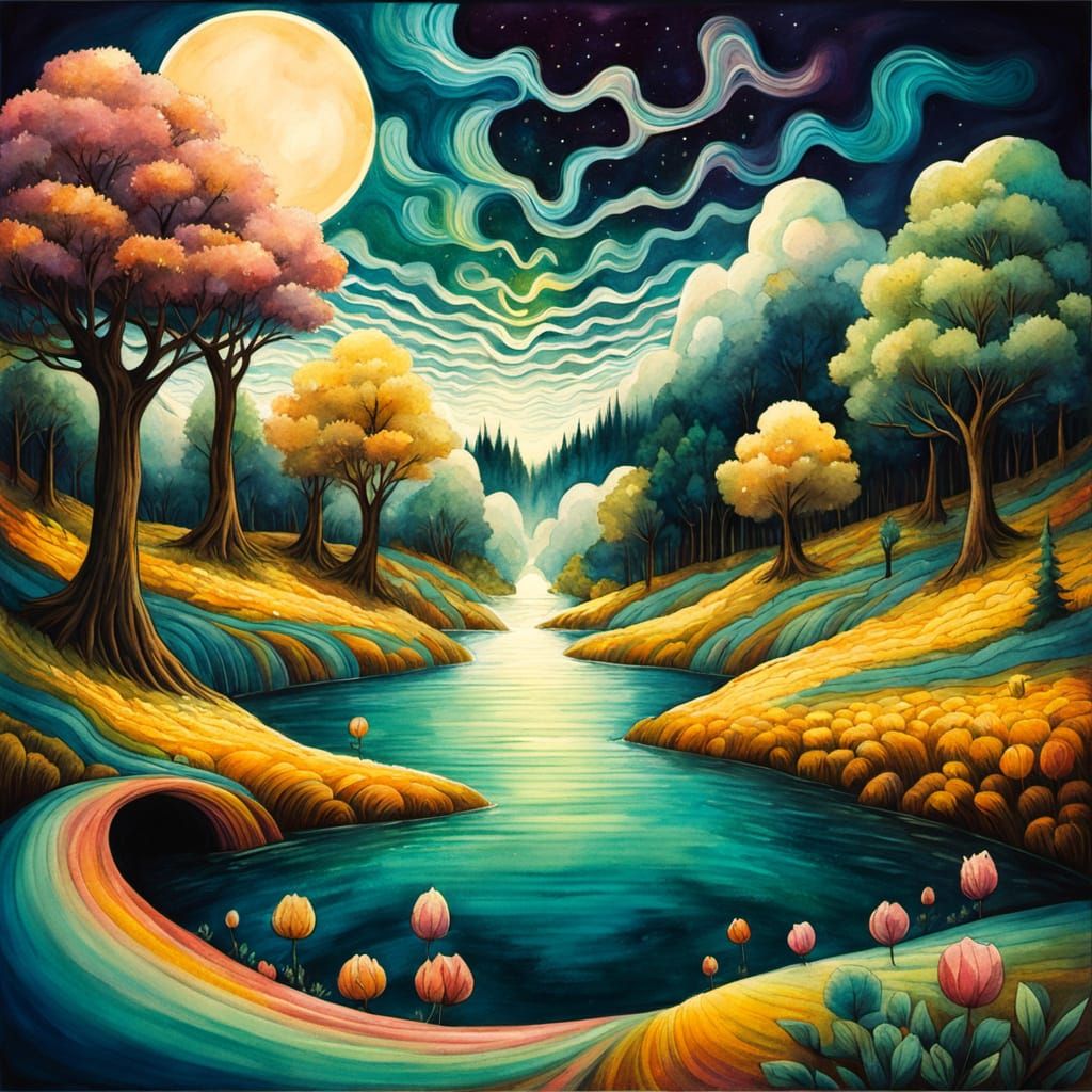 Moonlit Meadow Watercolor with Spring Blossoms