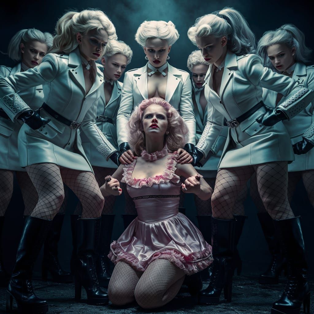 Powerful Femmes Dominate a Kneeling Sissy in Moody Hyperreal...