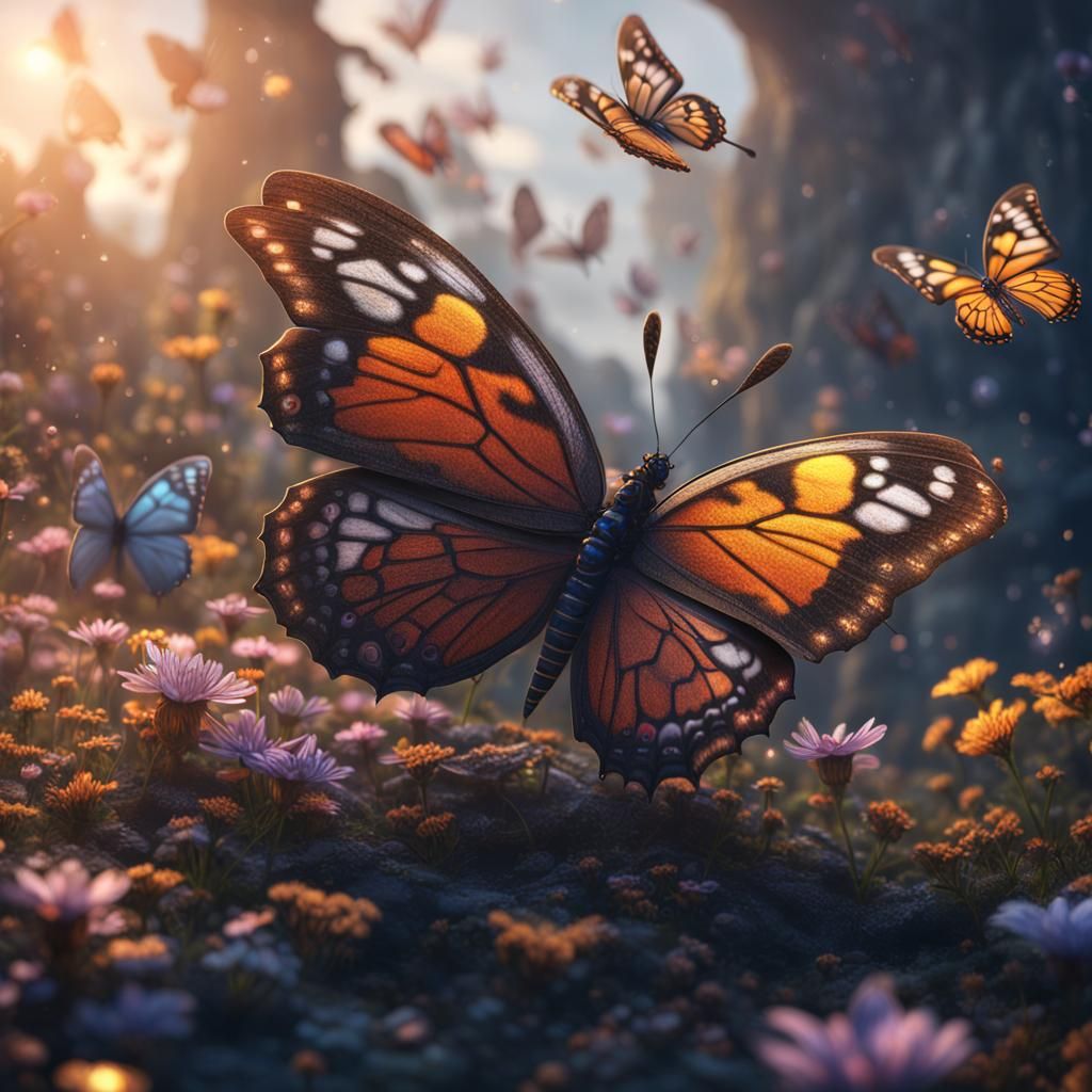 Butterfly Family in Flight: Detailed Matte Painting