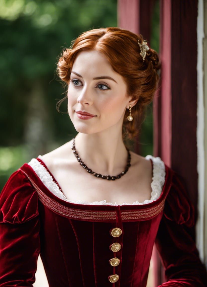 Auburn-Haired Beauty in Red Velvet Dress Portrait