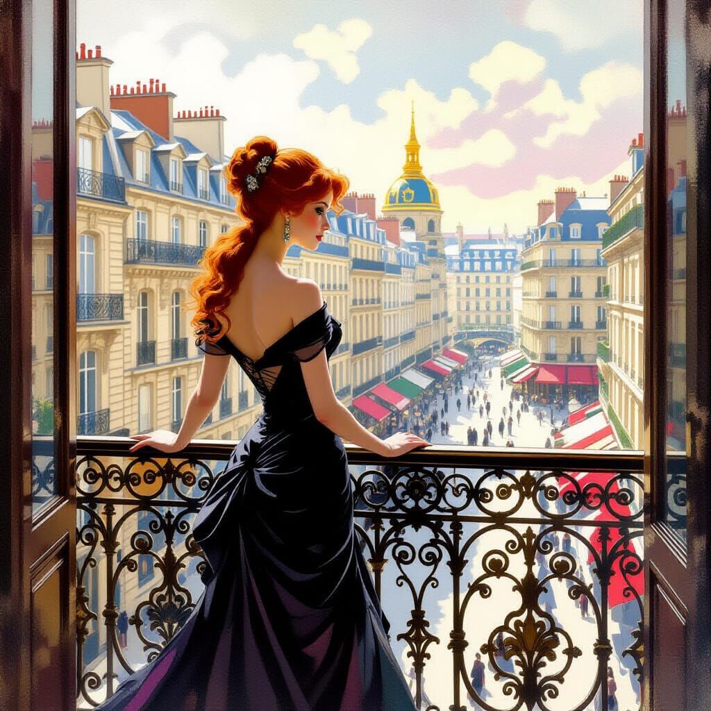 Parisian Balcony Scene in Impressionist Style