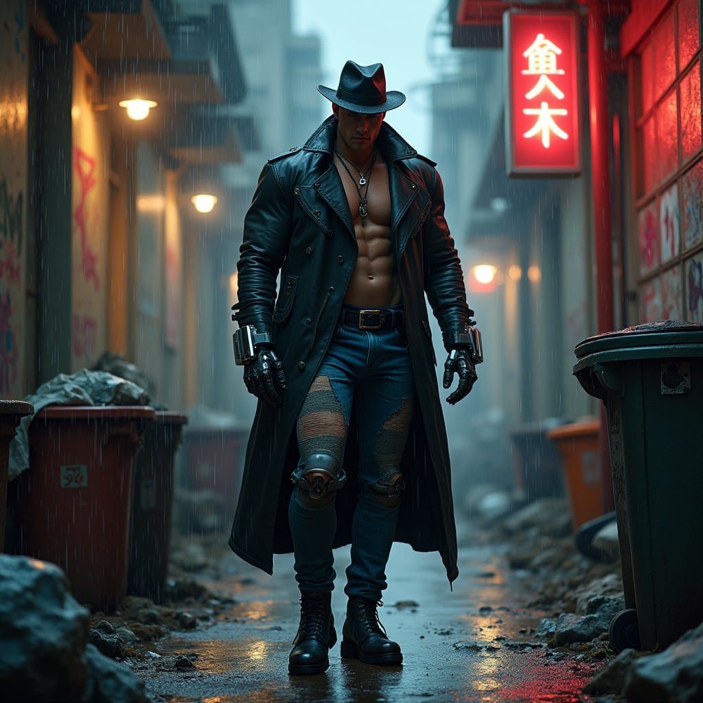 Cyborg Detective in Rain-Soaked Cyberpunk Alley