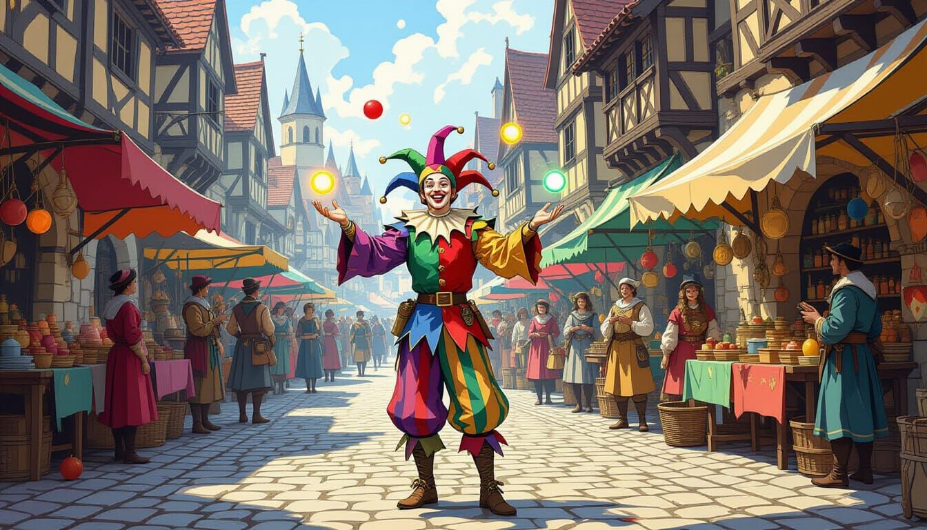 Medieval Jester Juggling Glowing Orbs in Bustling Market