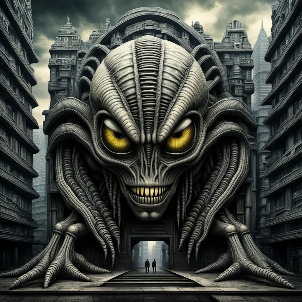 Surreal Living Xenomorphic City in Brutalist Style
