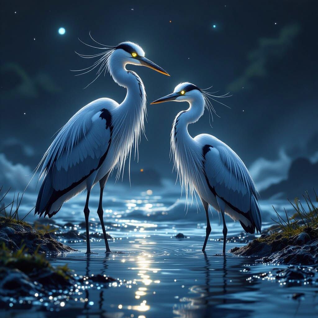 Silver Moonwake Herons in Dark Fantasy Art