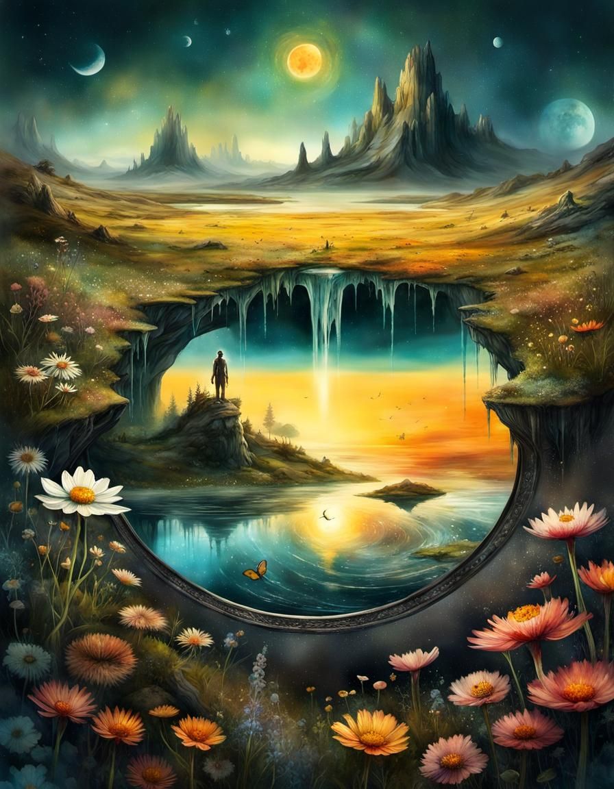 Surreal Flower Meadow Dripping off Planets, Watercolor Art