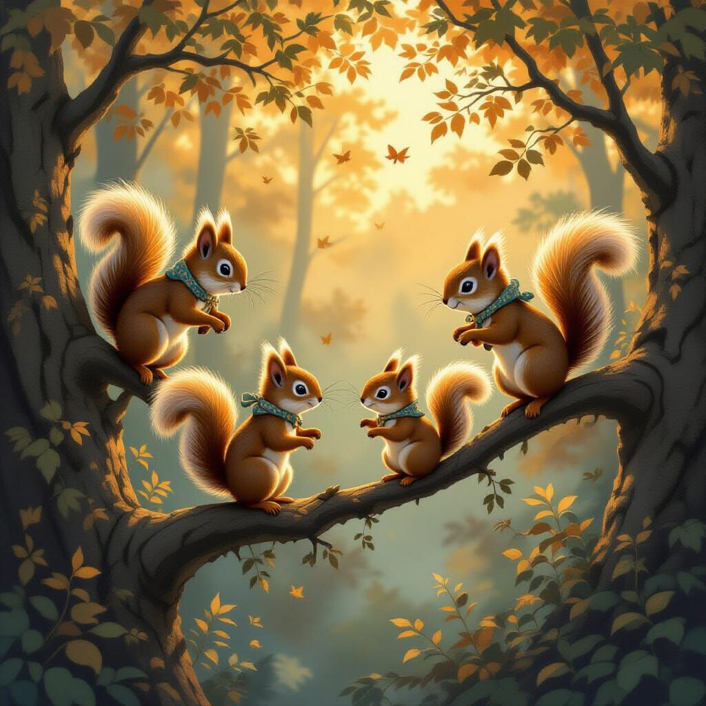 Squirrel Family in Enchanted Forest Twilight