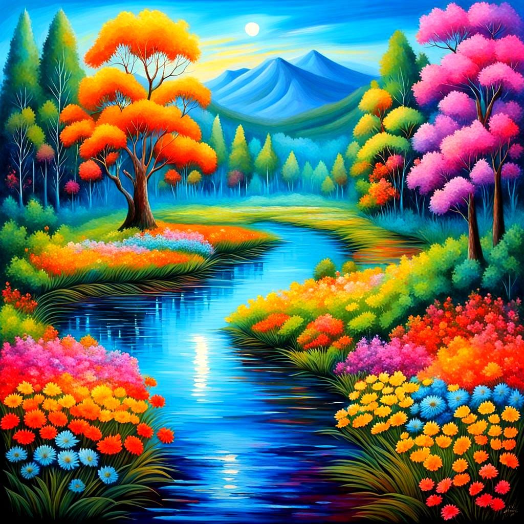 Lush Nature Scene with River and Animals