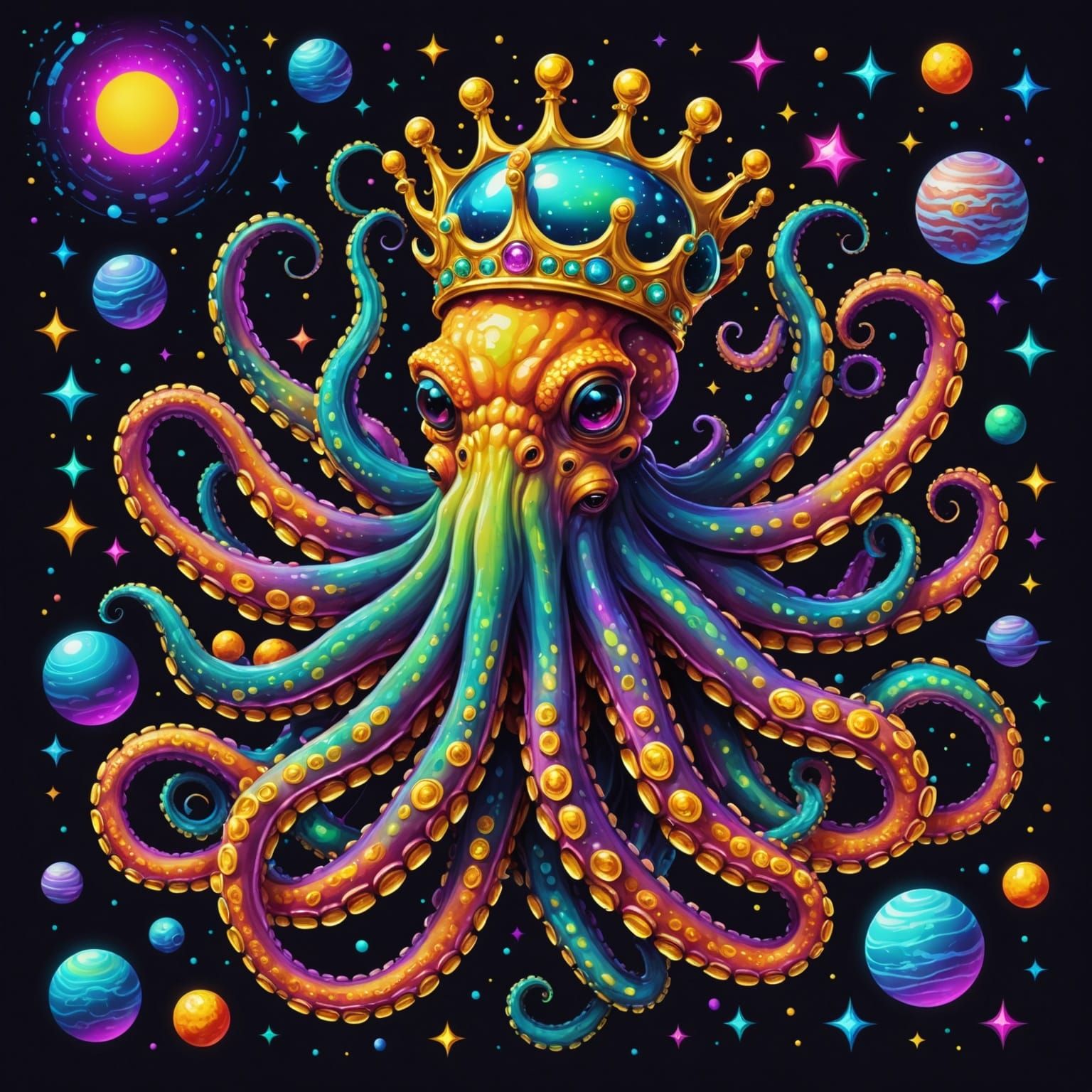 Neon Octopus with Crown Holding Galaxies in Sci-Fi Style