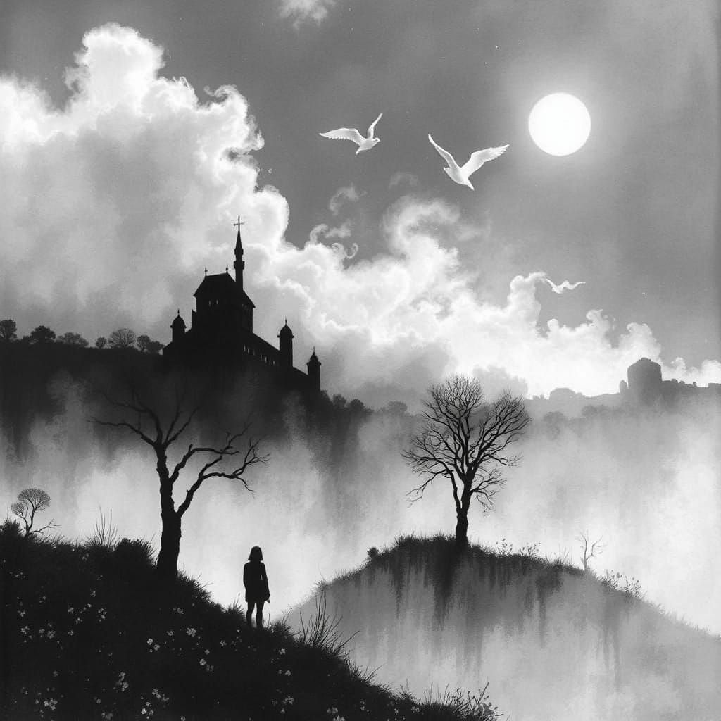 Monochrome World with Floating Silhouettes in Sketch Style