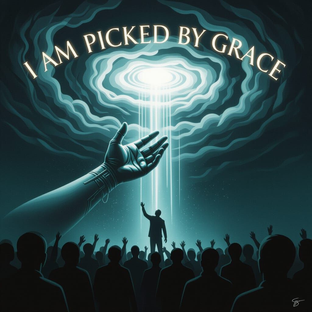 Divine Hand Lifts Figure in Dystopian Style