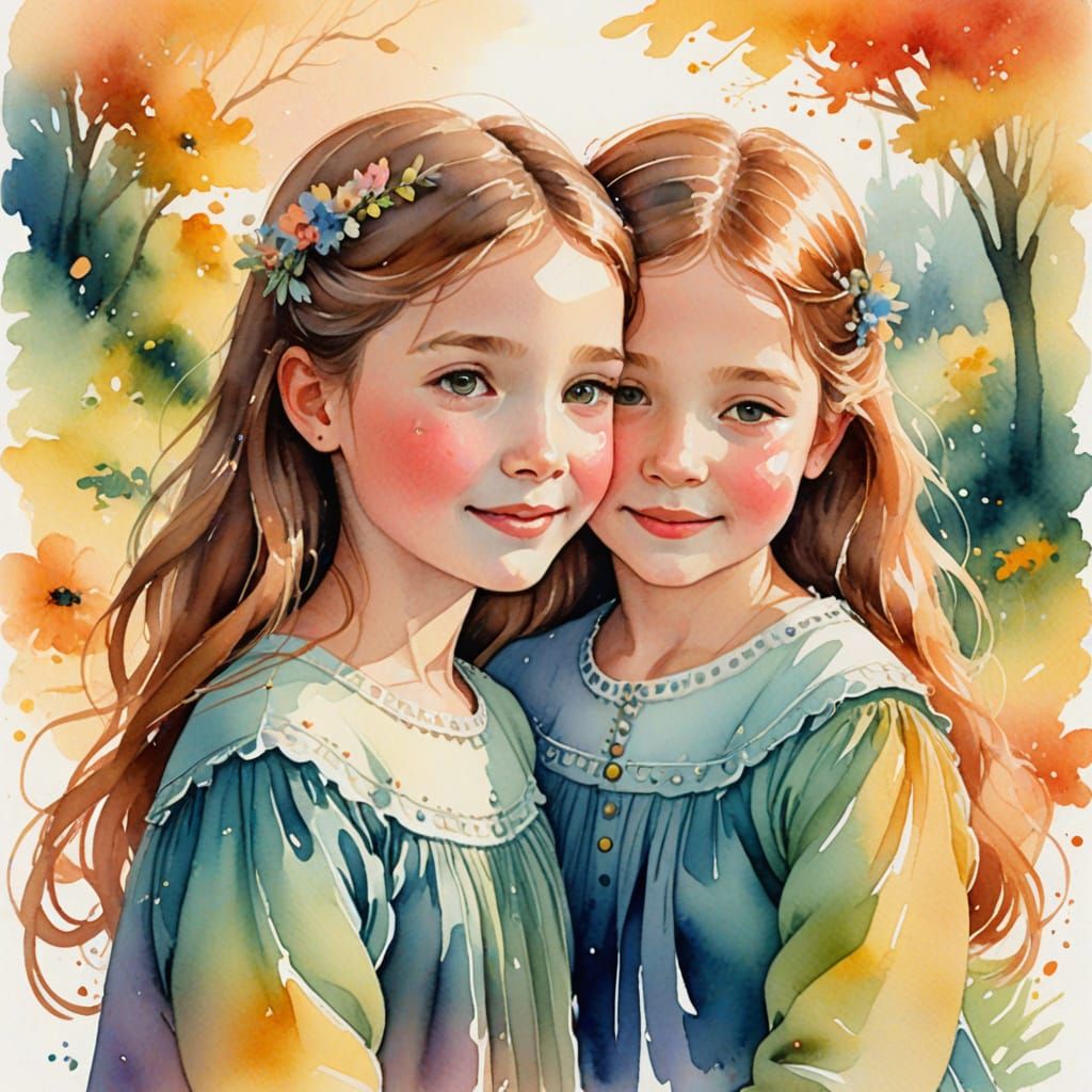 Whimsical Watercolor Portrait of Sisters Sharing a Loving Mo...