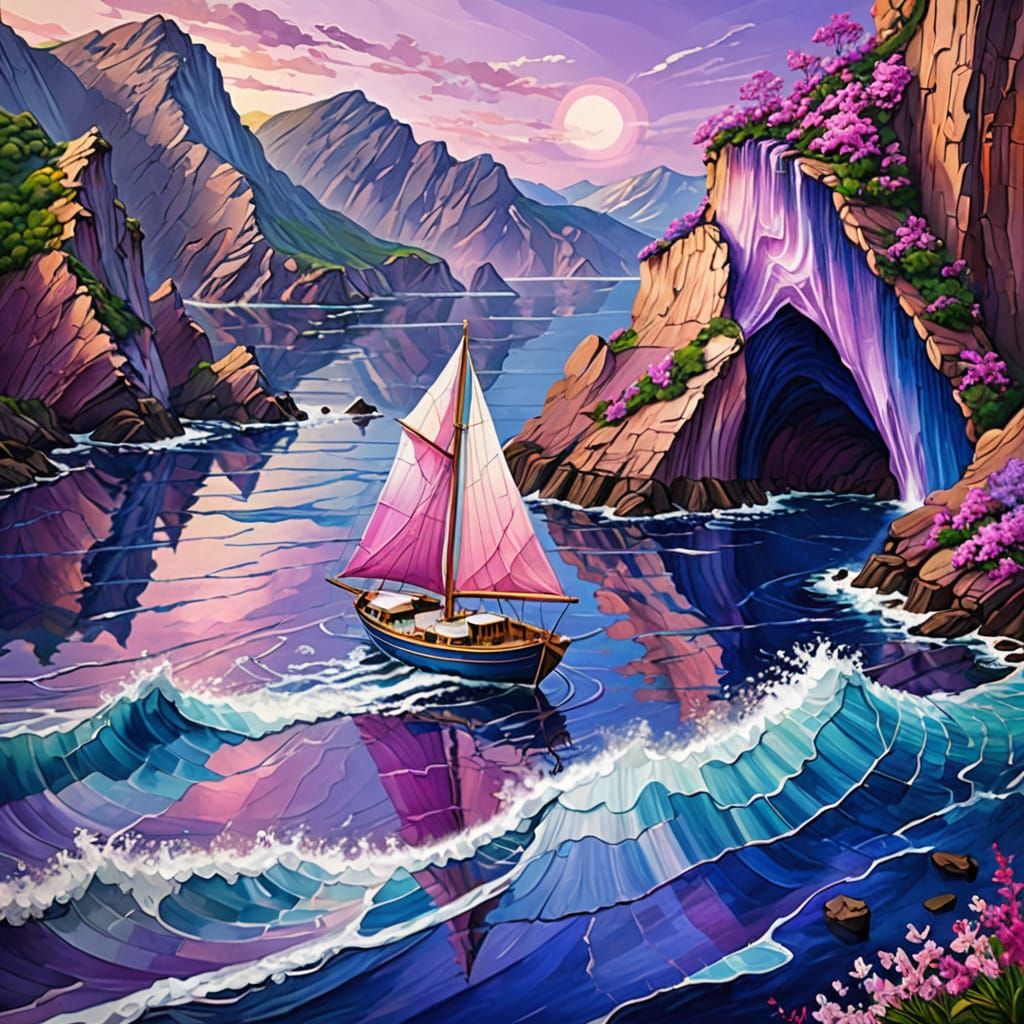 Abstract Fractal Seascape with Sailboat and Waterfall