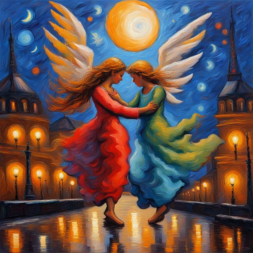 Angels Dancing in Paris: Neo-Impressionist Oil Painting