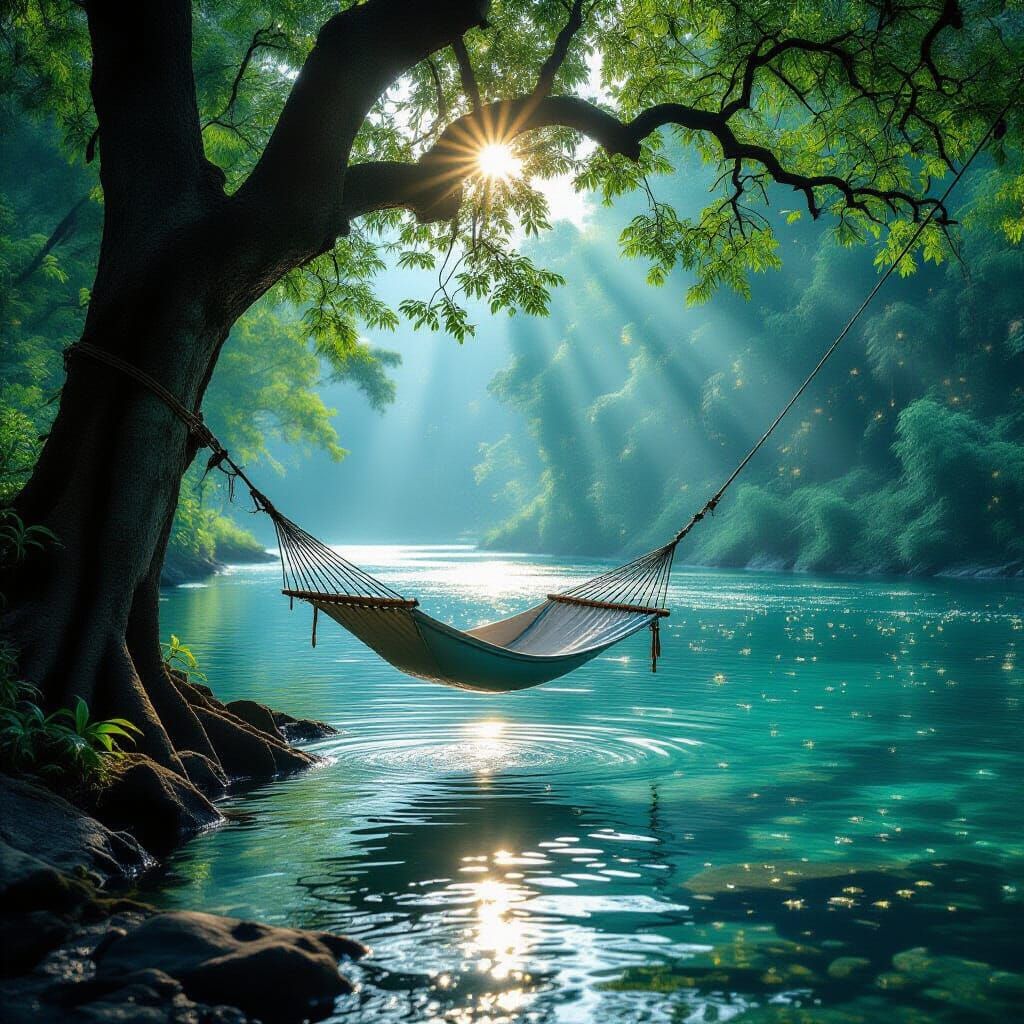 Serene Hammock by Glistening River in Magical Hour Light