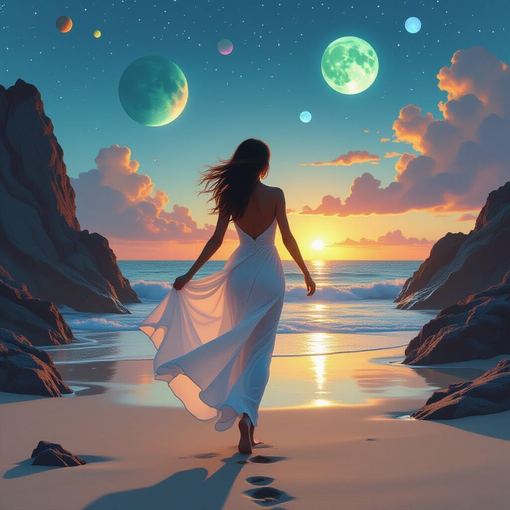 Woman Running on Alien Beach at Sunset with Multiple Moons
