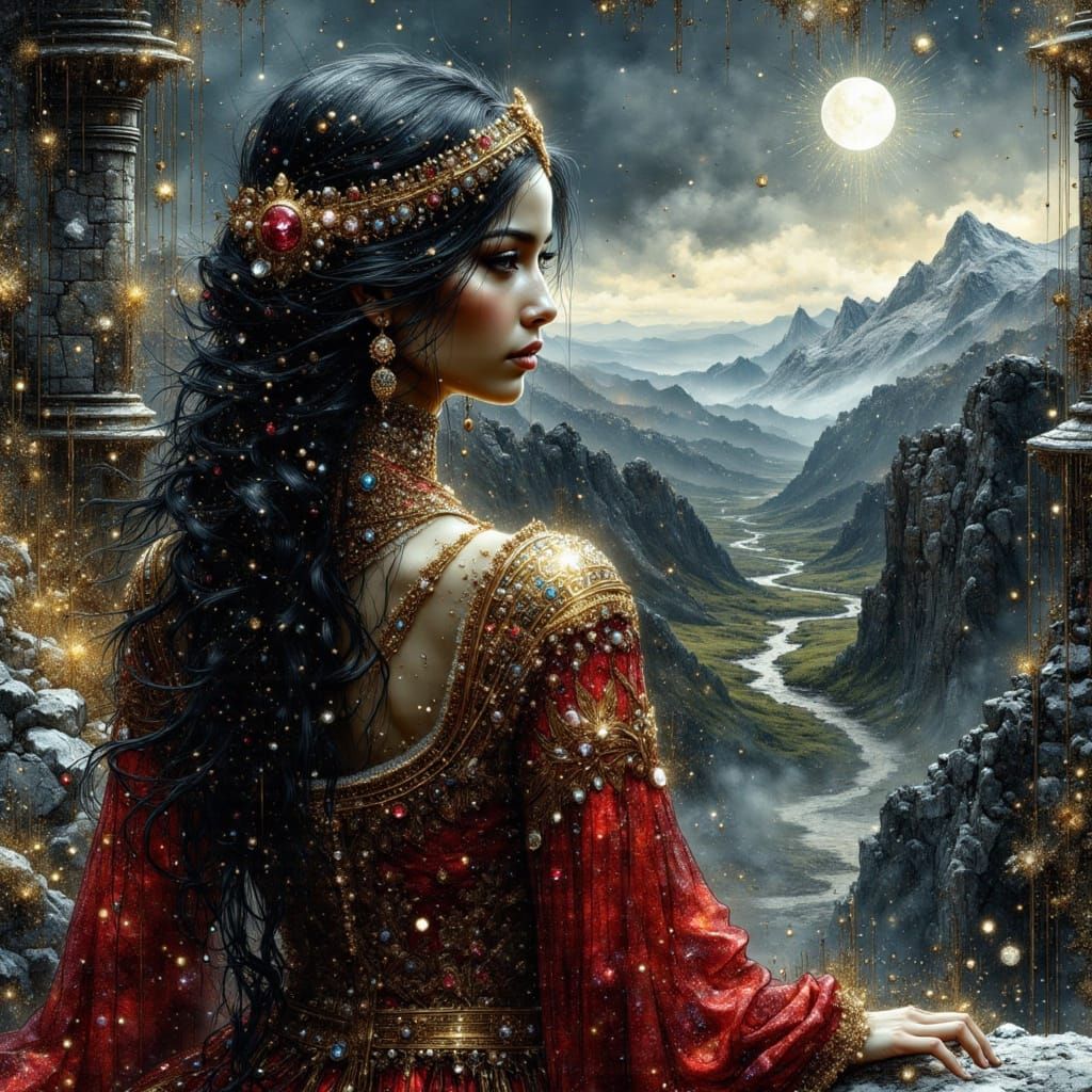 Medieval Lady Awaiting News Under Sparkling Sky