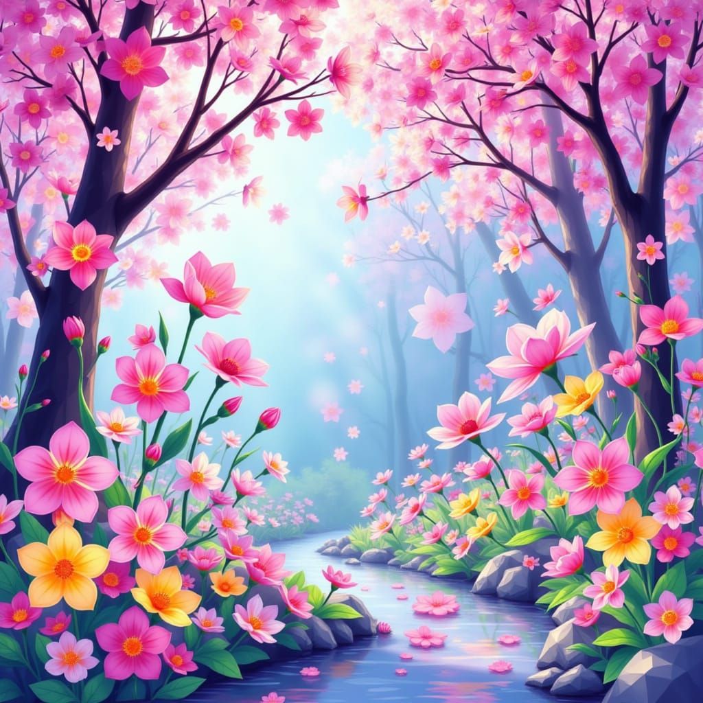 Bioluminescent Pastel Flowers in Kaleido Geometric Spring