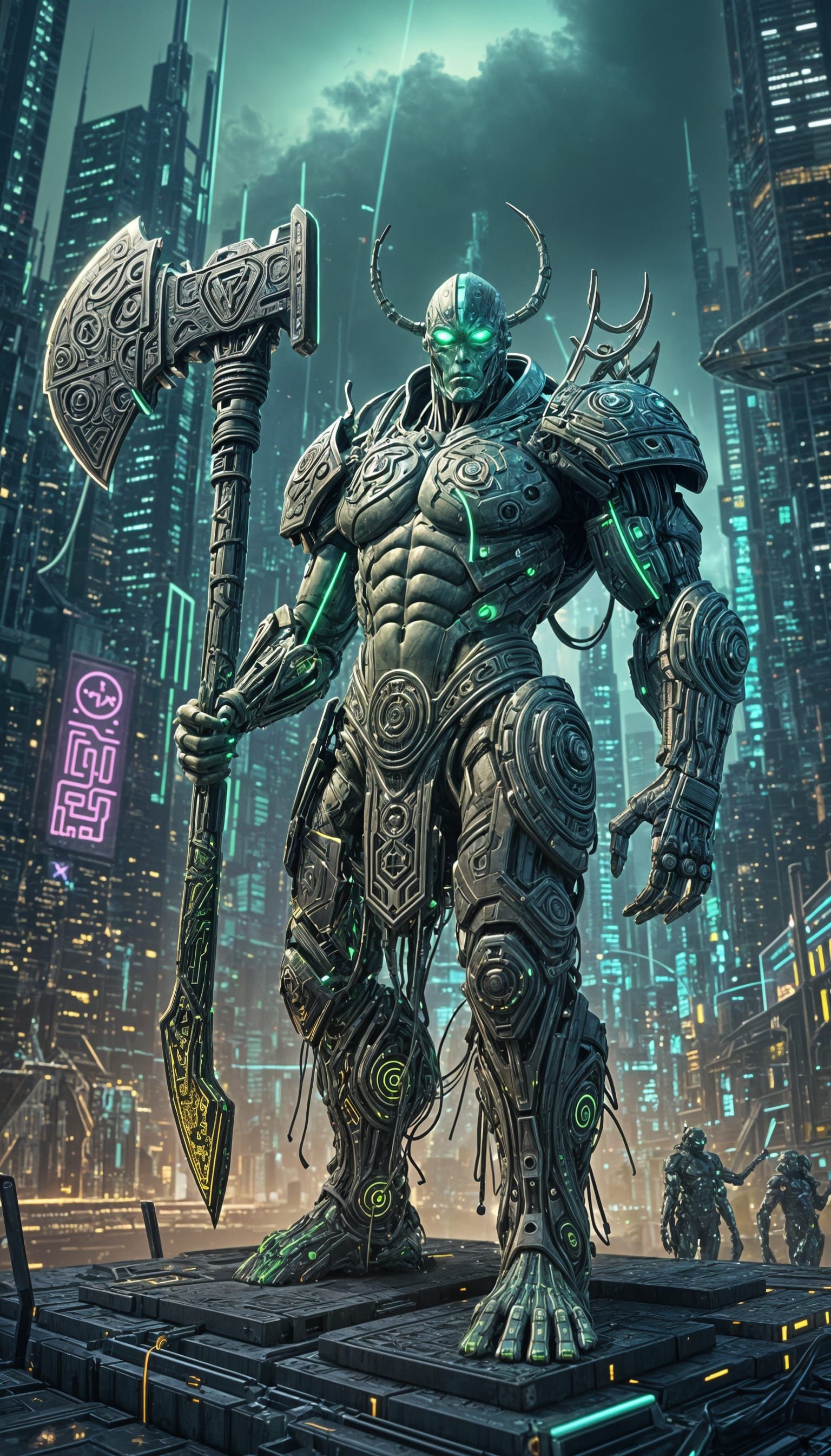 Biomechanical Circuit Warrior in Futuristic Cityscape