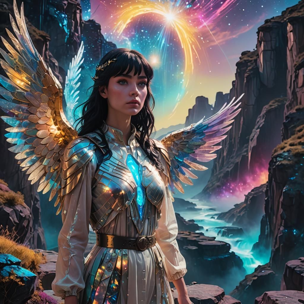 Sci-Fi Angel Overlooking Holographic Cosmic Landscape