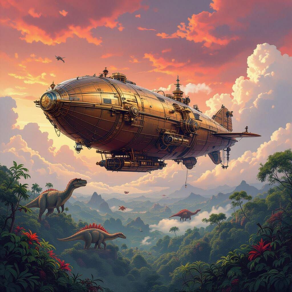 Steampunk Airship Over Dinosaur Jungle, Moebius Style